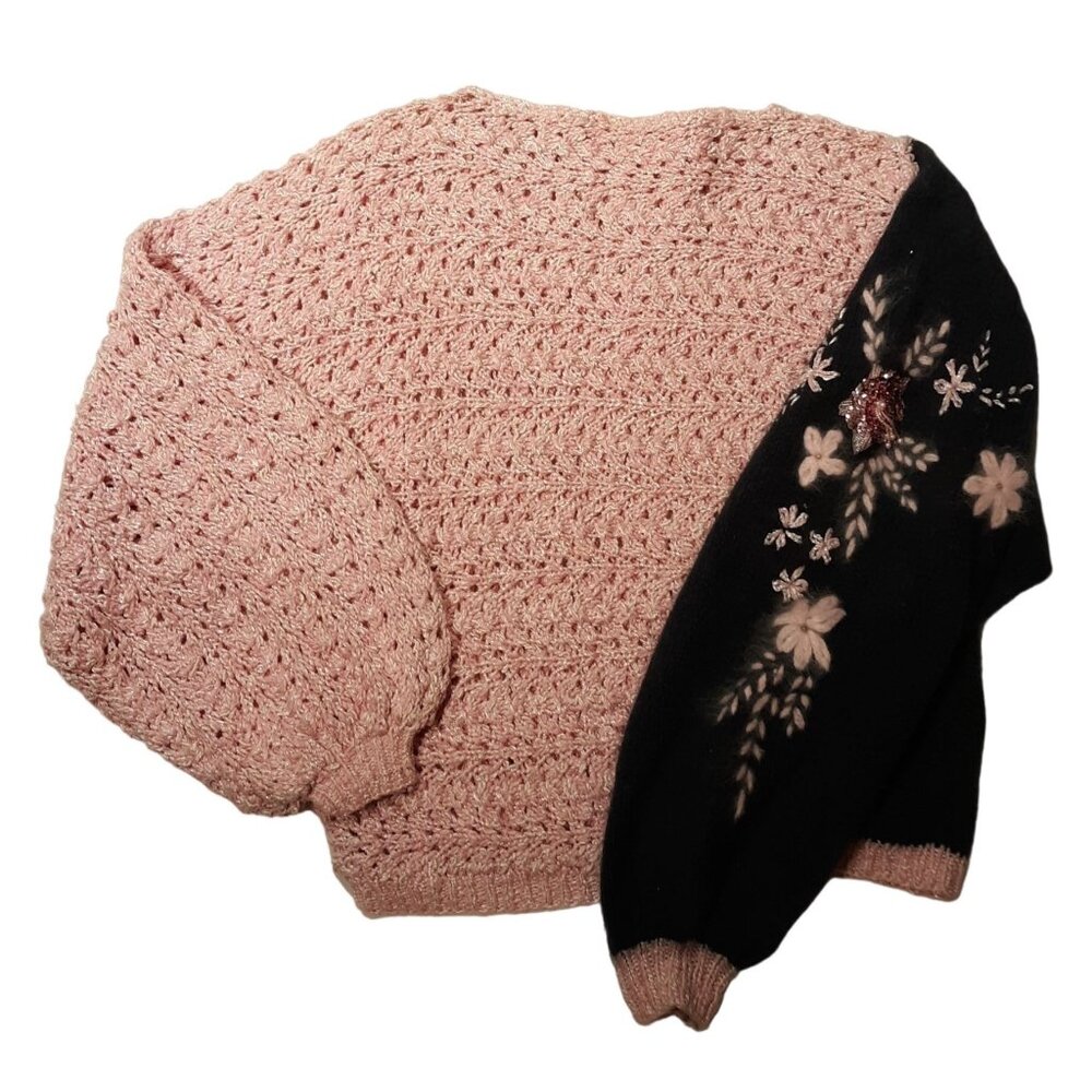 Fancy Knit Women Sweater Applique Embroidered Cotton Angora Grey Pink